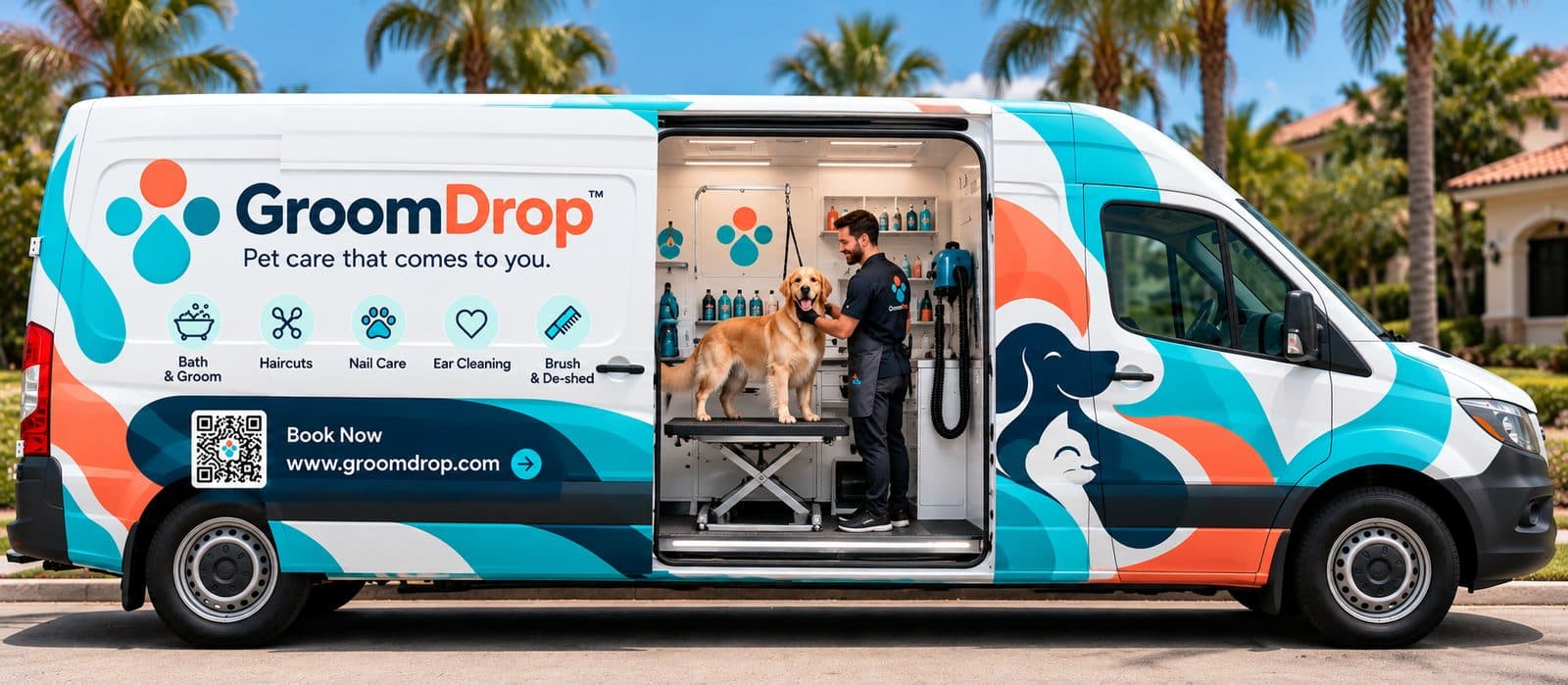 GroomDrop van at the curb with the side door open and a groomer brushing a golden retriever inside